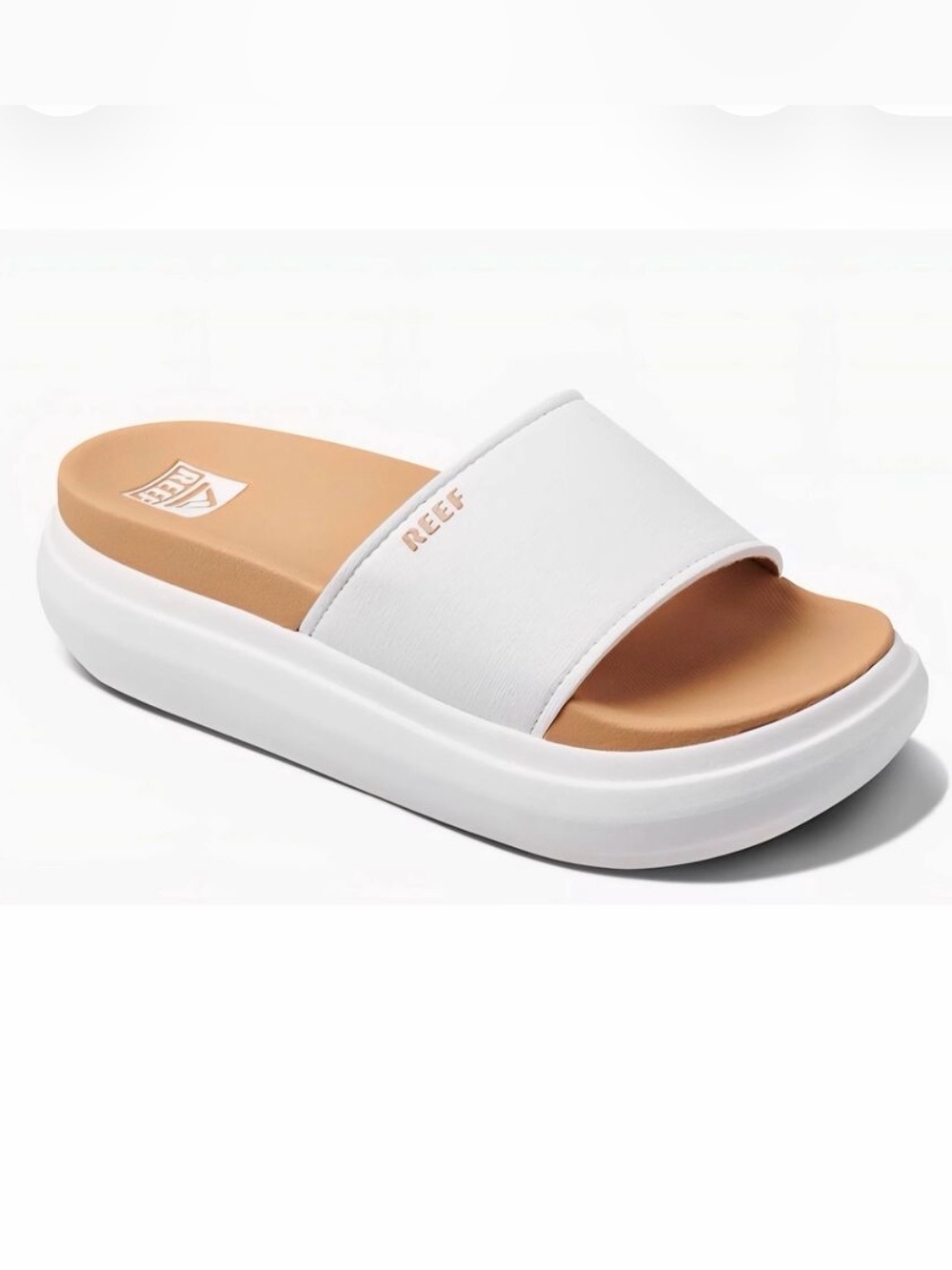 Reef Women’s Cushion Bondi Bay White Slide Sandals with Tan Footbed
